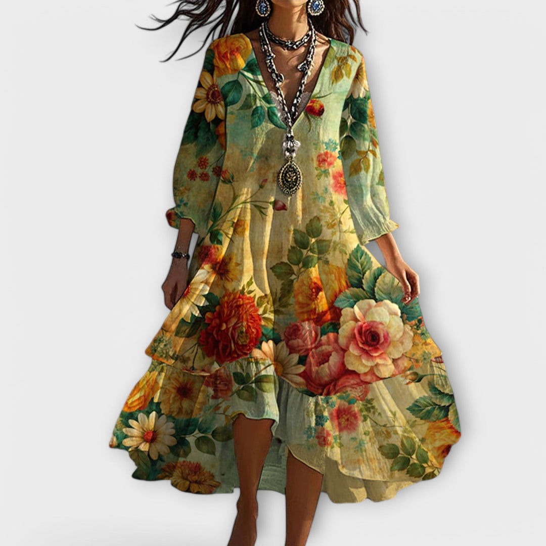 Marina - Vintage Boho Květinový V-krk Šaty