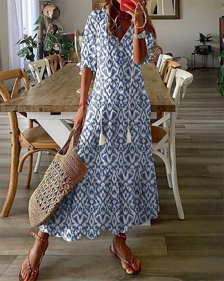Jana - Boho Vintage V-krční tištěné šaty