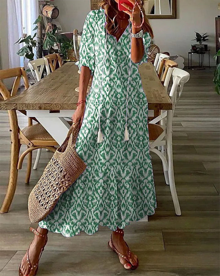 Jana - Boho Vintage V-krční tištěné šaty