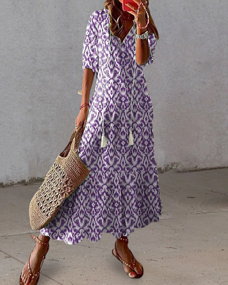 Jana - Boho Vintage V-krční tištěné šaty