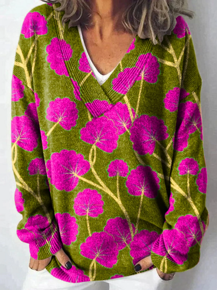 Vintage květinový umělecký tisk pletený svetr s výstřihem do V