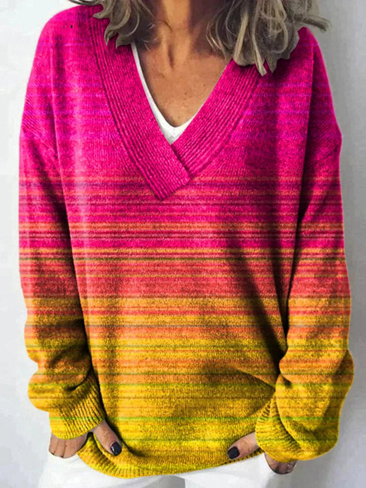 Barevný ombré umělecký tištěný žebrovaný svetr s výstřihem do V