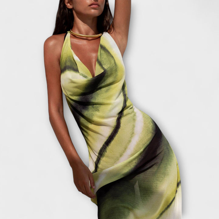 Klasická Tie-Dye Gradient Tisknutá Cowl Neck Halter Tie-up Dovolená Maxi Šaty