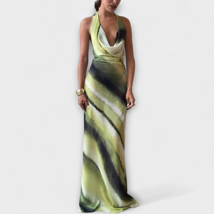 Klasická Tie-Dye Gradient Tisknutá Cowl Neck Halter Tie-up Dovolená Maxi Šaty