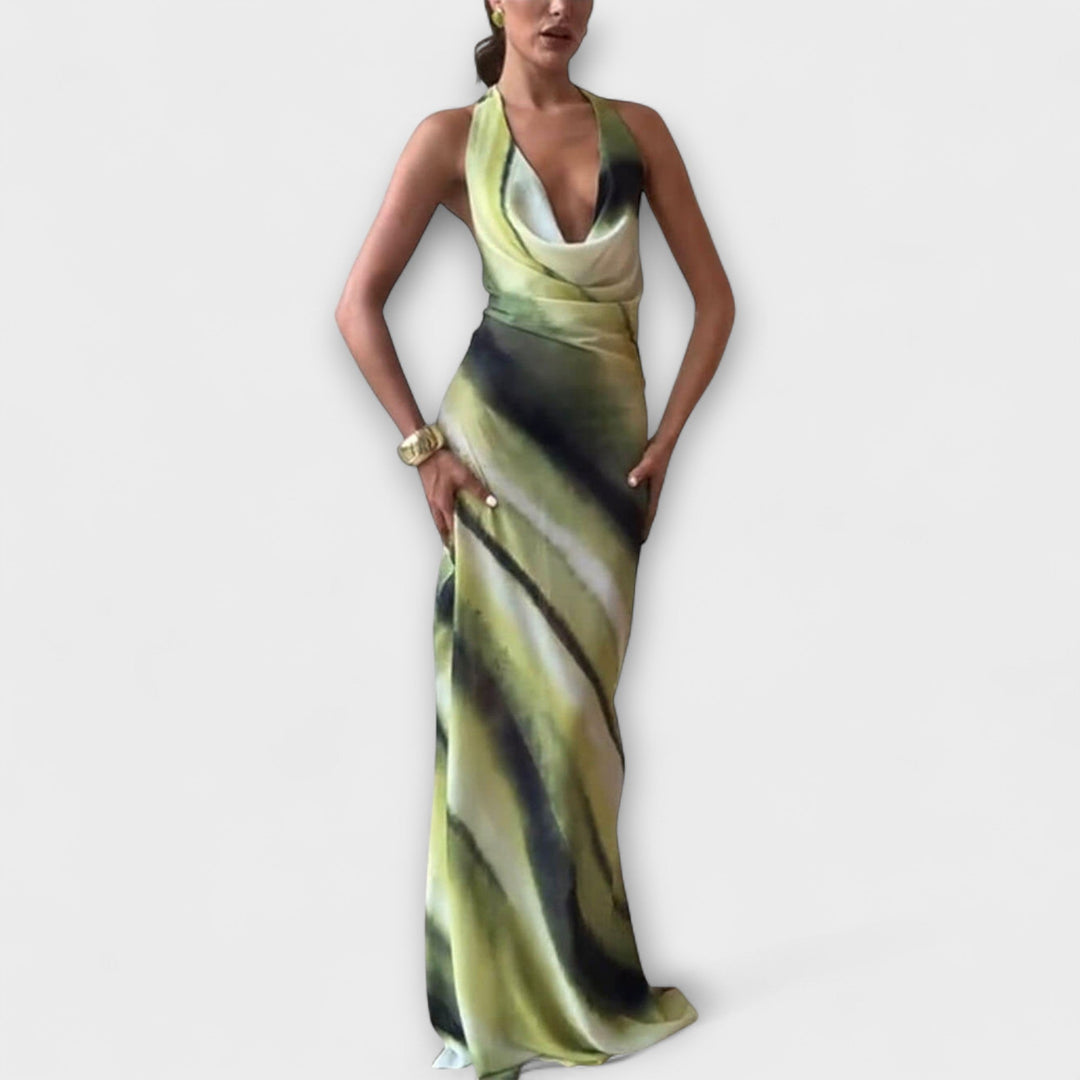 Klasická Tie-Dye Gradient Tisknutá Cowl Neck Halter Tie-up Dovolená Maxi Šaty