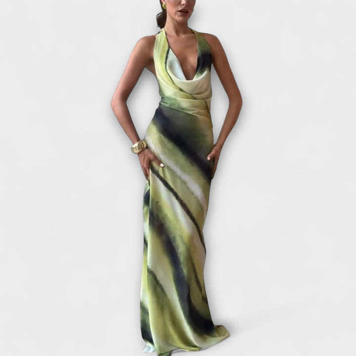 Klasická Tie-Dye Gradient Tisknutá Cowl Neck Halter Tie-up Dovolená Maxi Šaty