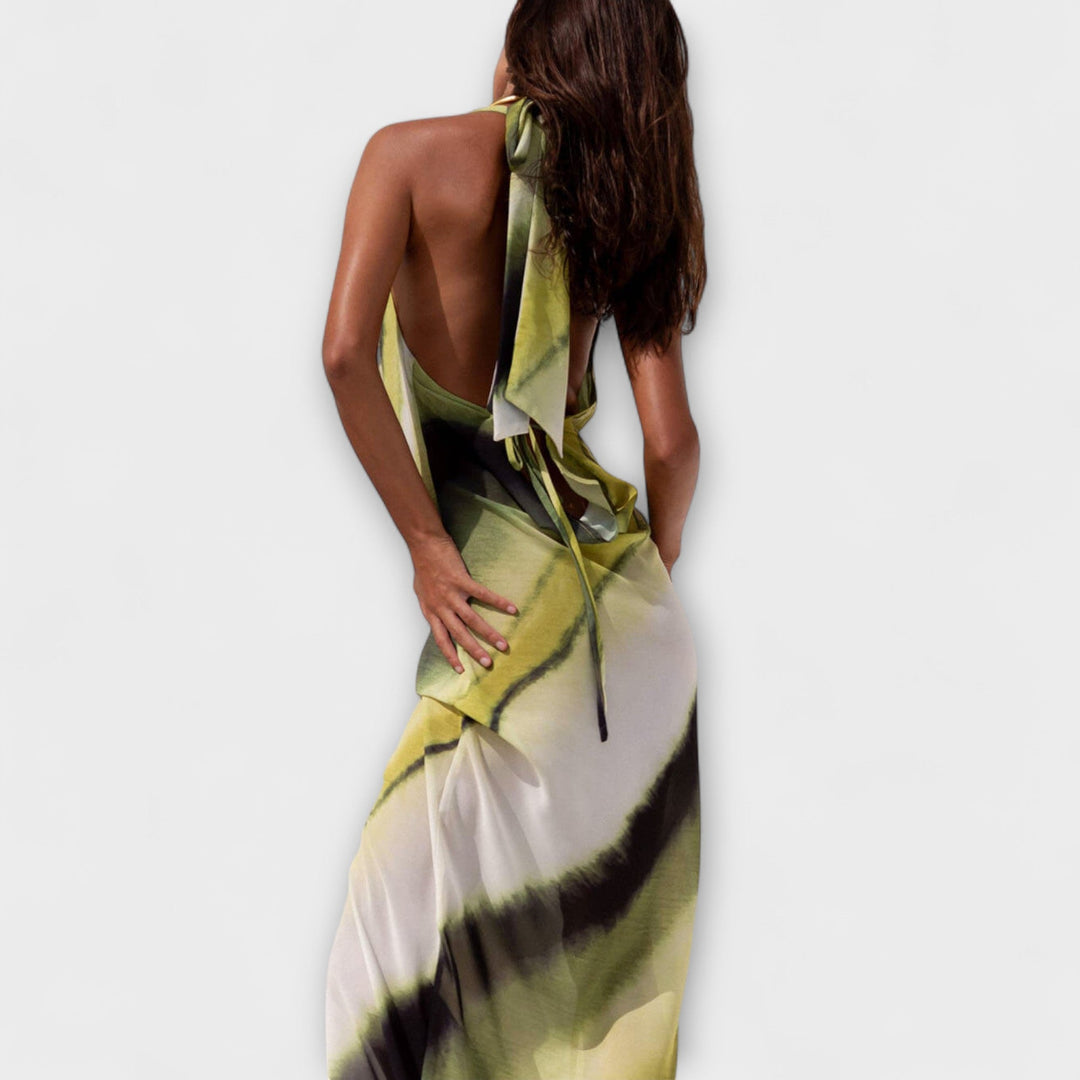 Klasická Tie-Dye Gradient Tisknutá Cowl Neck Halter Tie-up Dovolená Maxi Šaty