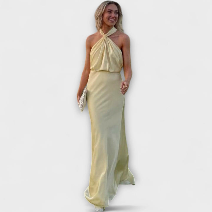 Elegantní halter maxi šaty letní žluté dámské