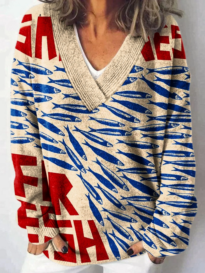 Vintage rybí sardinky umělecký tisk pletený svetr s výstřihem do V