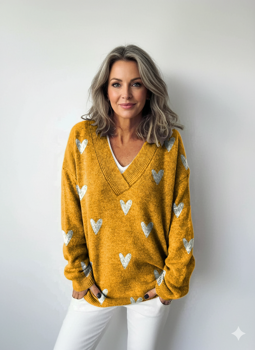 Roztomilý svetr s opakujícím se vzorem srdíček a výstřihem do V