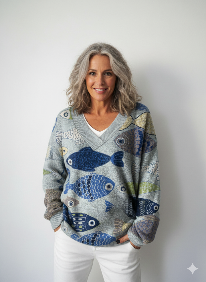 Pěkný rybí umělecký tisk Pletený svetr s výstřihem do V