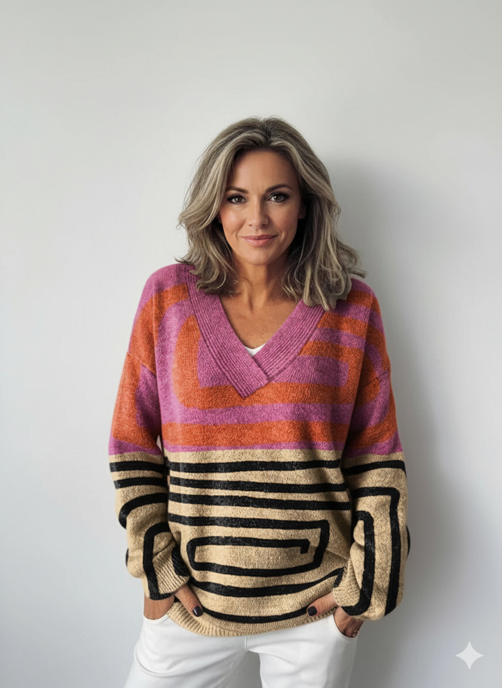 Pulovr s kulatým výstřihem a abstraktním potiskem barevných bloků