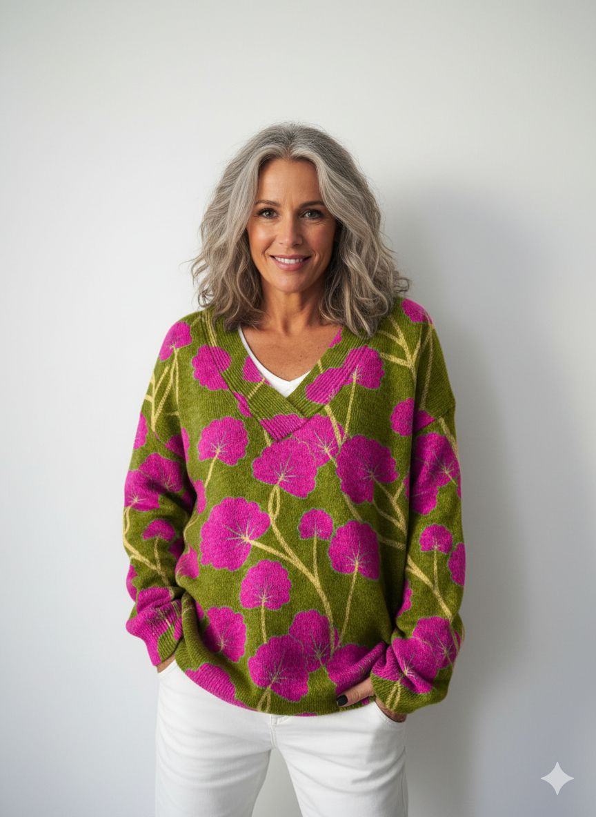 Vintage květinový umělecký tisk pletený svetr s výstřihem do V