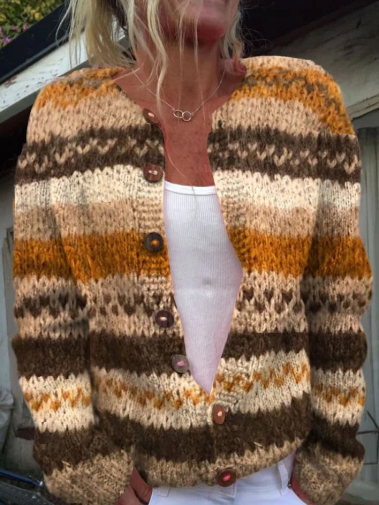 Pruhovaný svetr cardigan s knoflíky a barevnými bloky