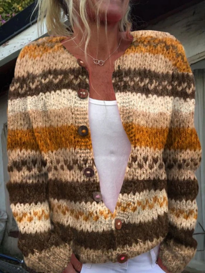 Pruhovaný svetr cardigan s knoflíky a barevnými bloky