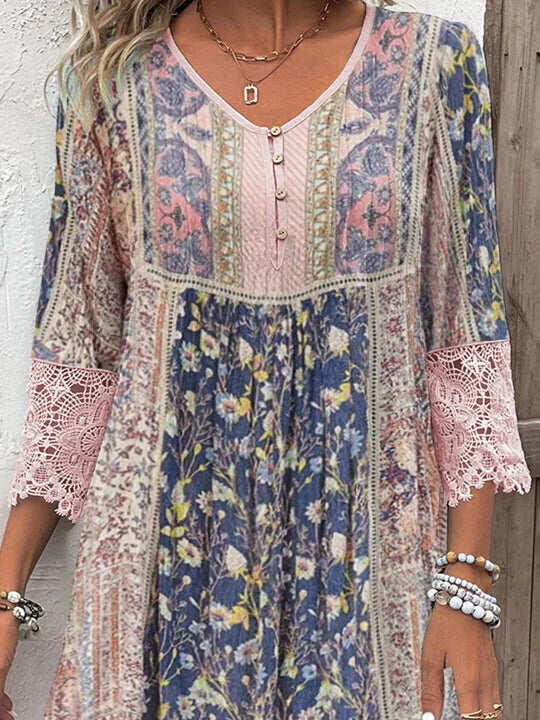 Elviera – Elegantní boho tunika s krajkou a květinovým vzorem