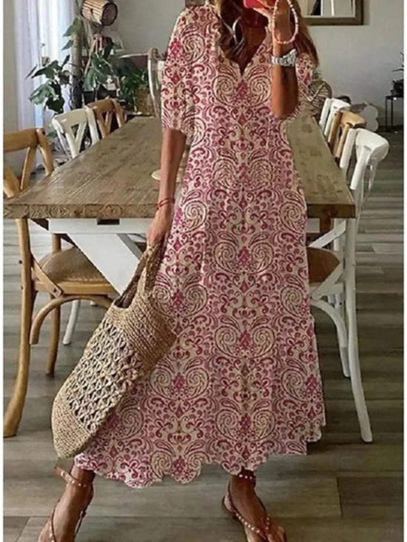 Jana - Boho Vintage V-krční tištěné šaty
